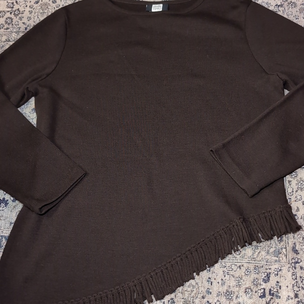 Asymmetrical Fringe Studio 1940 Brown Sweater with  Hem